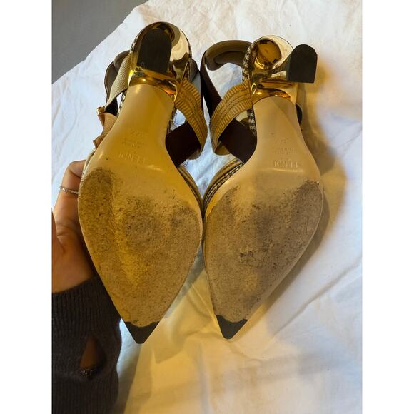 Fendi Houndstooth Slingback Heels 37.5 Gold Cap Toe Italy Designer Shoes - Picture 3 of 4